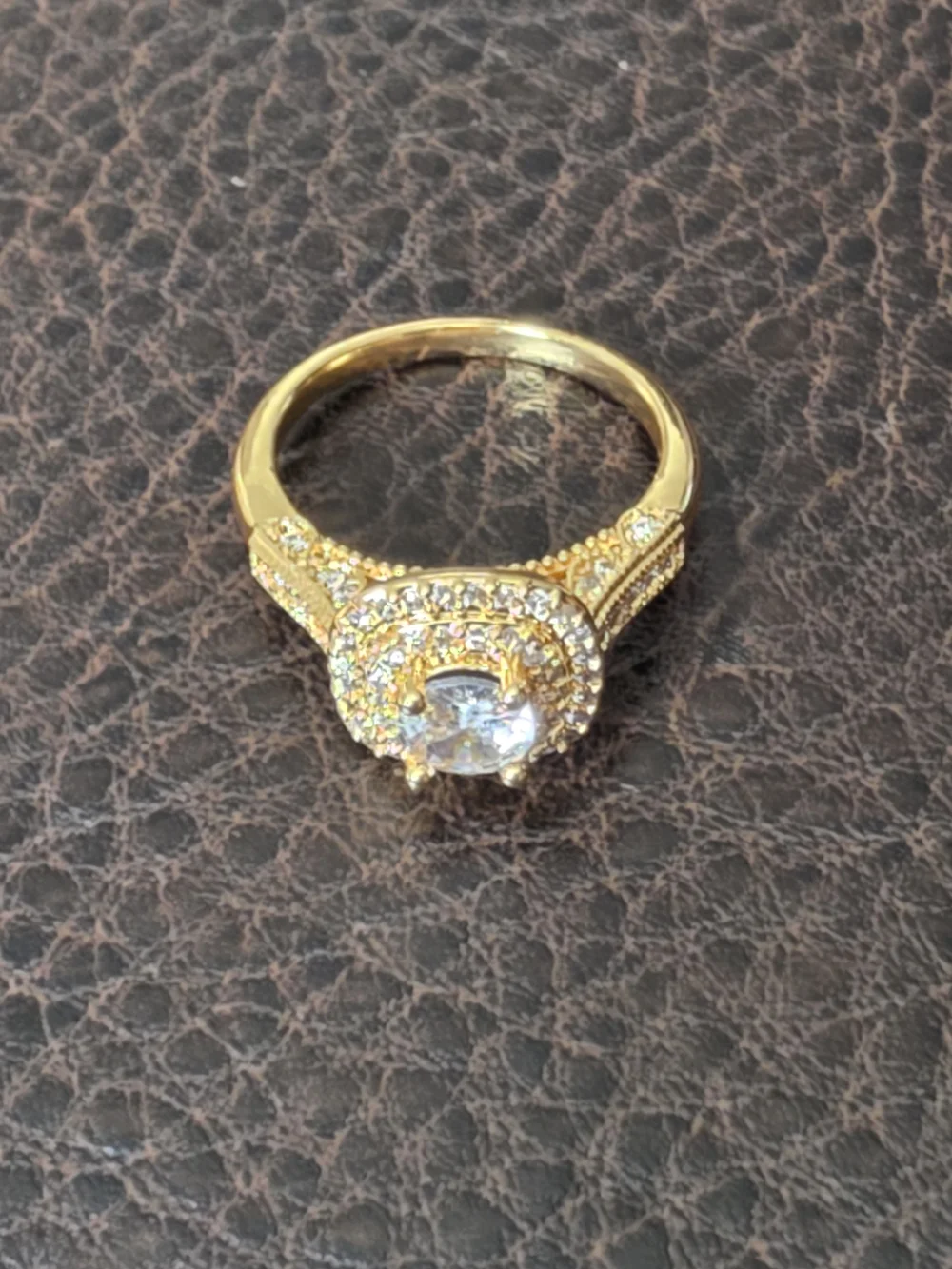 Gold Plated Over Brass Halo Ring with Clear Center Stone Size 8
